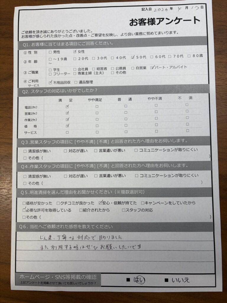 【明石市西明石北町Ｙ様】不用品回収処分「迅速・丁寧な対応で助かりました」