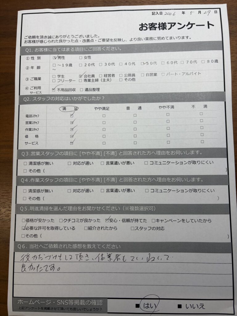 【明石市大久保町Ｔ様】不用品回収処分「後片付けもしていただき、作業も丁寧で良かった」